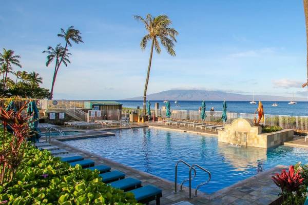 The Whaler on Kaanapali Beach Maui resort, view of the pool, the Pacific ocean, and the island of Lanai