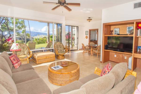 Kapalua Bay Villas 11G2, Maui one bedroom condo rental with spacious living room and comfortable furniture