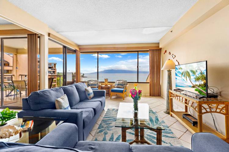 Living room view of a 3-bedroom vacation rental called the Sands of Kahana 375 in Kaanapali.