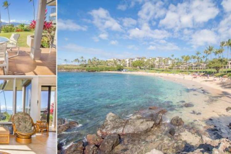 Kapalua Bay Beach in Maui with calm, clear water and golden sand, alongside Kapalua Bay Villas featuring inviting outdoor spaces and comfortable indoor seating areas designed for multigenerational families to relax and gather together.