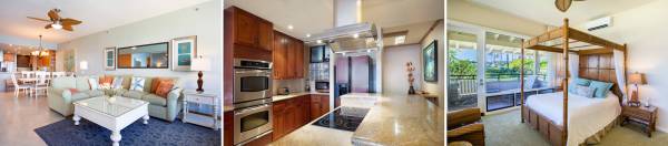 chefs kitchen, luxury island-style furniture in the living room and bedroom in a Maui vacation condo rental