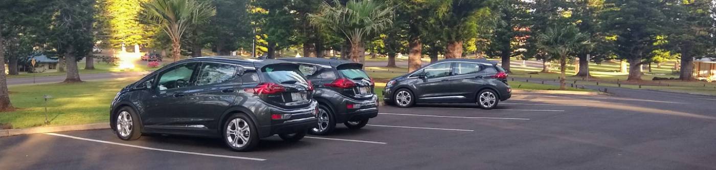 Three Chevy Bolt electric vehicles available for rent on the island of Lanai, Hawaii