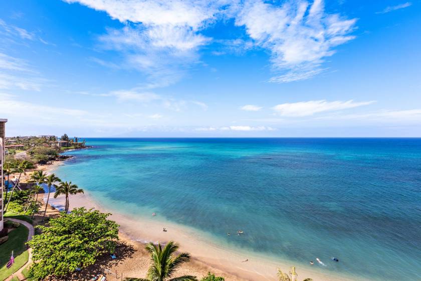 Stunning oceanfront view from private lanai at Sands of Kahana resort, Maui, Hawaii.