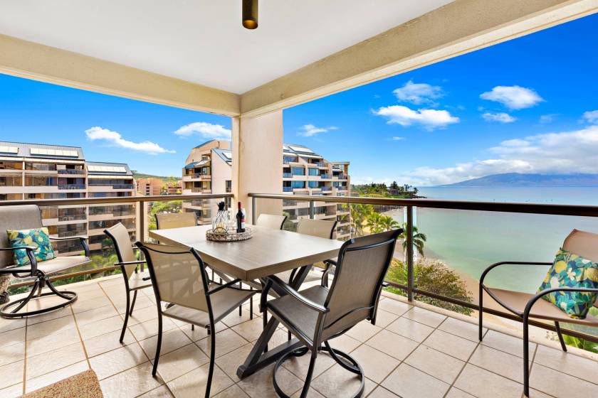 Outdoor eating area on large lanai at Sands of Kahana resort, Maui, HI