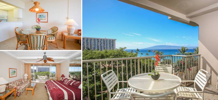 The Whaler on Kaanapali 763 studio condo rental with large private ocean-view balcony and full kitchen