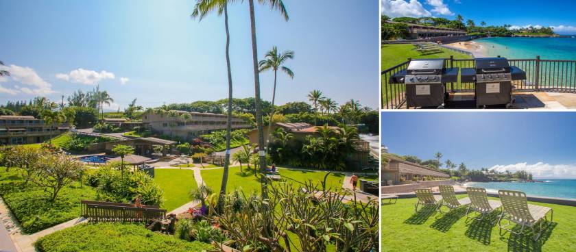 Kahana Sunset Maui Resort with beach access, lawn area, and bbq grills, featuring beautiful views of the Pacific Ocean
