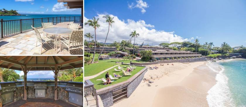 Kahana Sunset Maui Beachfront Resort, view of the beach, relaxation lawn area, and barbecue grills