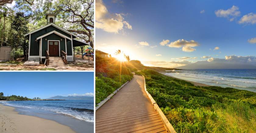 Kapalua Coastal trail on Maui during sunrise and the church at the Fleming beach