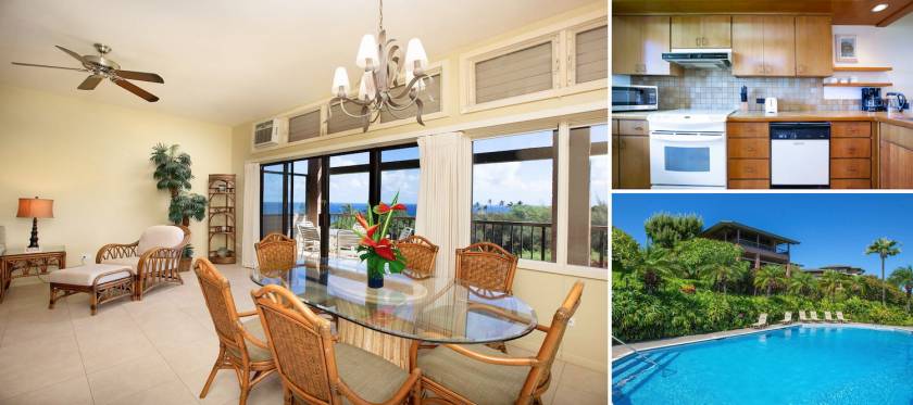 Kapalua Ridge Villas Maui Resort vacation condo rentals with a large dining room with ocean view