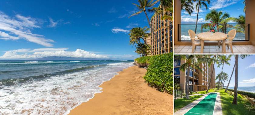 Mahana at Kaanapali Beachfront Resort with ocean view from the balcony and a shuffle board right by the beach 