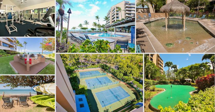  tennis courts, grills, gym, baby pool, bbq grills, and large beachfront pool