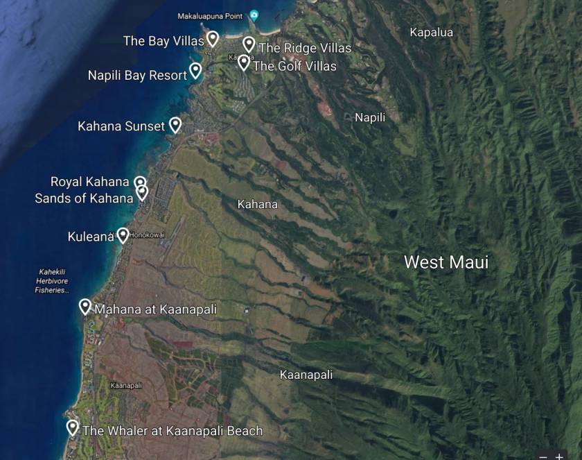 Map of Maui resorts in the West part of Maui, the map shows the Kapalua Bay Villas, Kapalua Ridge Villas, Kapalua Golf Villas, The Napili Bay resort, Sands of Kahana, Kahana Sunset, Royal Kahana, Kuleana, The Whaler on Kaanapali, and Mahana at Kaanapali