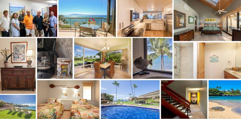 Maui Resorts by Sullivan Properties proudly showcases their collection of premium vacation rentals in West Maui. This image includes photos of perfectly furnished and decorated bedrooms, bathrooms, living rooms, and balconies with ocean views.